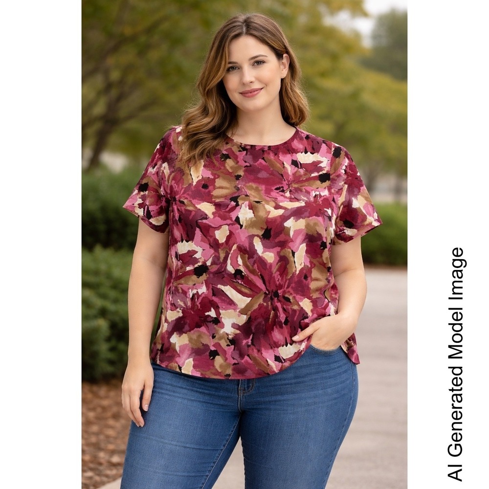 Hill Archer Womens Abstract Floral‎ Short Sleeve Blouse Burgundy Pink Plus Size